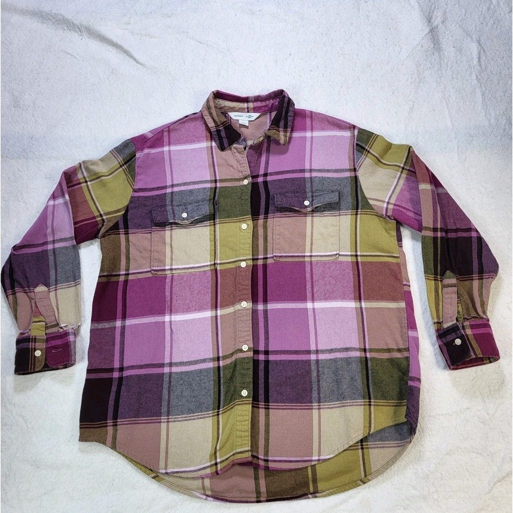 Old Navy Boyfriend Shirt Plaid Flannel Womens Medium Pink Olive Button‎ Front